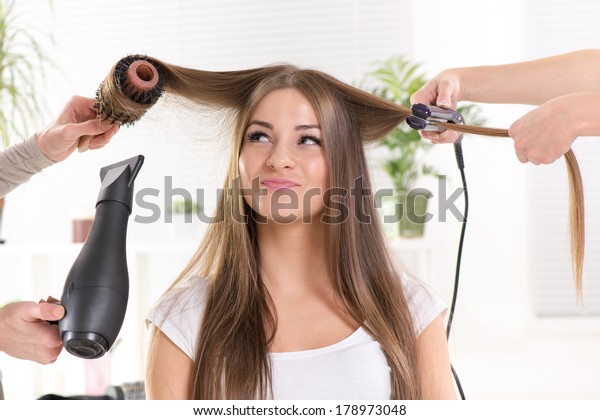 Hairdressers Straightening Long Brown Hair Hair Stock Photo Edit