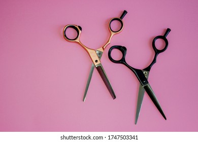 Hairdressing Scissors. Couple. For Haircuts In Black And Rose Gold, Open Cut. Solid Pink, Purple Background. Base, Banner, Postcard.