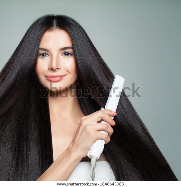 Hairdressing Woman Beautiful Long Straight Hair Stock Photo
