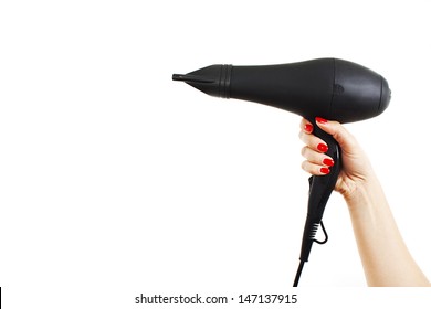 Hairdryer In Hand.  Isolated On White Background