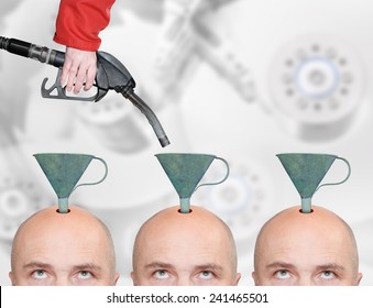 Hairless men's heads with funnels and fuel nozzle. Production line for education or brainwashing.