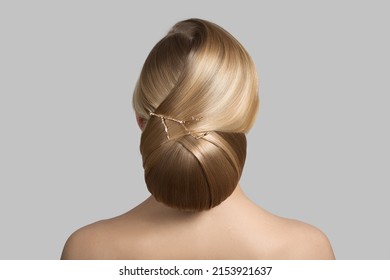 Hairstyle Bun Back View. Blonde Woman Portrait