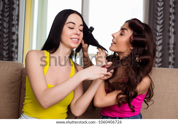 Hairstyle Party Two Young Beautiful Smiling Stock Photo