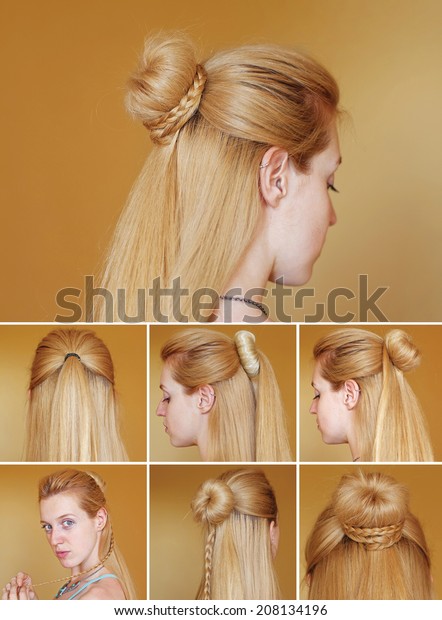 Hairstyle Tutorial Braided Bun Chignon Stock Photo Edit Now