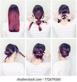 Hairstyles Tutorial Step By Step. Woman Showing How To Make Beautiful Hair Bun For Every Day. Back View Of Amazing Female With Red Hair