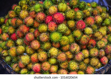 A Lot Of Hairy Rambutan Fruits At A Local Market In Mekong Delta, Vietnam.