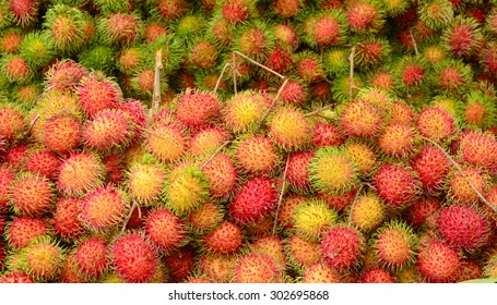 A Lot Of Hairy Rambutan Fruits At A Market In Mekong Delta, Southern Vietnam.