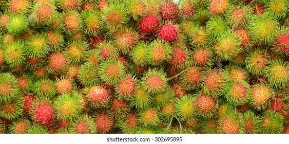 A Lot Of Hairy Rambutan Fruits At A Market In Mekong Delta, Southern Vietnam.