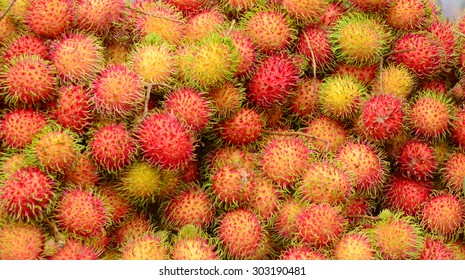 A Lot Of Hairy Rambutan Fruits At A Market In Mekong Delta, Southern Vietnam.