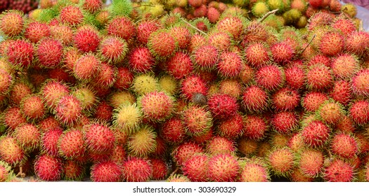 A Lot Of Hairy Rambutan Fruits At A Market In Mekong Delta, Southern Vietnam.