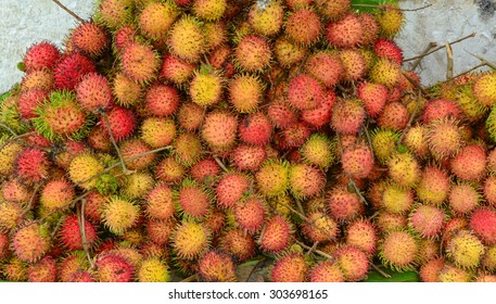 A Lot Of Hairy Rambutan Fruits At A Market In Mekong Delta, Southern Vietnam.