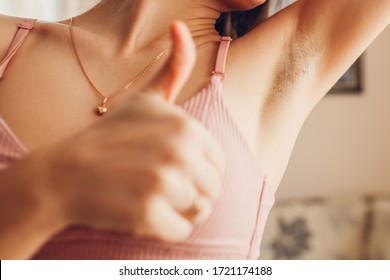 Hairy Unshaven Female Armpits. Body Positive Trend. Woman Wearing Bra Raised Arms. Acceptance Of Body Naturalness