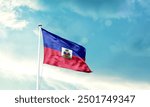 Haiti national flag fluttering. The flag blowing in beautiful soft sky. Haitinational flag for independence day.