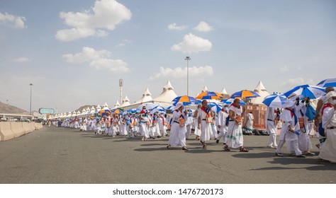 Hajj Pilgrims Walking, Day Time, Performing Hajj, Mina, Makkah, Saudi Arabia, August 2019