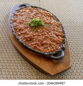 Halal Meat Hash, Prepared In The Arabic Style With Spices, Served With Arabic Bread