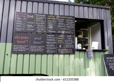 HALE'IWA, OAHU, HAWAII - FEBRUARY 23, 2017: Hawaiian Foodtruck Serving Acai Bowls And Organic Raw Ahi Poke Bowl In Haleiwa Oahu Hawaii.