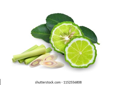 Half Bergamot, Bergamot Leaf And Sliecd Lemongrass  Isolated On White Background