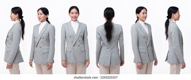 Half body 20s Asian Woman wear formal business blazer suit  dress pant shoes. Black long straight hair female feel happy smile confident, turn 360 front side rear back view, white background isolated - Powered by Shutterstock