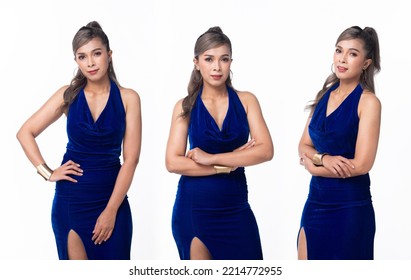 Half body Face Asian 40s 50s Woman wear blue Velvet Evening Gown long ball high heel shoes. Grey Silver Hair Elegance Female stand poses fashion vintage look over white background isolated - Powered by Shutterstock