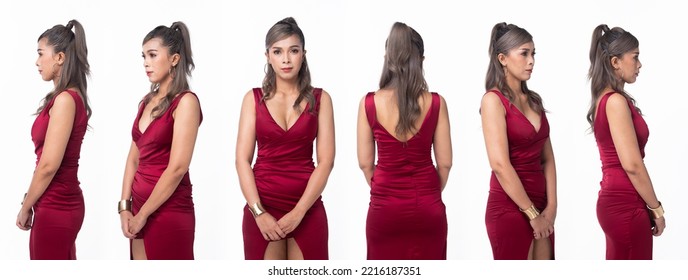 Half Body Face Asian 40s 50s Woman Wear Red Velvet Evening Gown Long Ball High Heel Shoes. Grey Silver Hair Elegance Female Stand Poses Fashion Vintage 360 Turn Over White Background Isolated