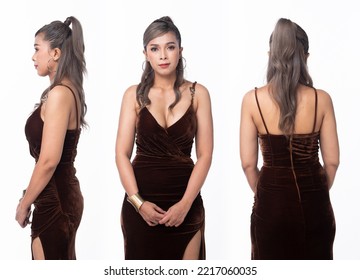 Half Body Face Asian 40s 50s Woman Wear Brown Velvet Evening Gown Long Ball High Heel Shoes. Grey Silver Hair Elegance Female Stand Poses Fashion Vintage 360 Turn Over White Background Isolated