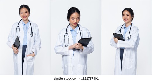 Half body length Figure snap of 20s Asian Woman wear Doctor White uniform pants, stethoscope and shoes, white Background isolated - Powered by Shutterstock