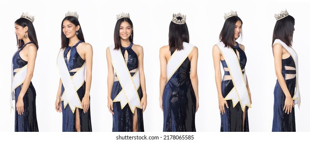 Half Body Of Miss Beauty Pageant Contest Wear Blue Evening Sequin Gown With Diamond Crown Sash, Asian Female Stand Express Feeling Happy Smile Over White Background Isolated