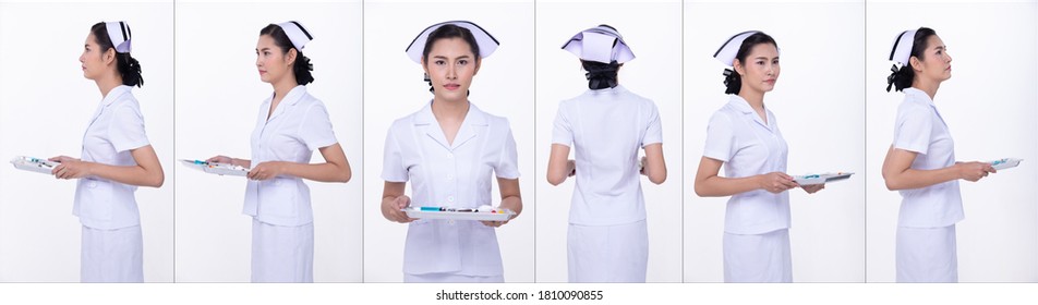 Half Body Portrait Of 20s Asian Woman Wear Nurse White Uniform. Female Hold Tray And Turn Around 360 Angle Rear Back Side View Over White Background Isolated