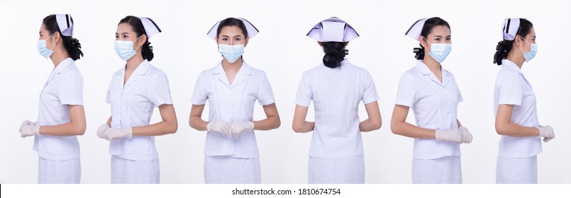 Half Body Portrait Of 20s Asian Woman Wear Nurse White Uniform. Female Put Protective Face Mask Hygiene Glove And Turn Around 360 Angle Rear Back Side View Over White Background Isolated