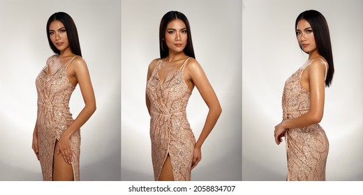 Half Body Portrait Of 20s Asian Tanned Skin Woman Black Long Straight Hair Wear Evening Gown Long Dress. Pageant Contest Girl Express Smile Happy Strong Many Poses Over White Background Isolated