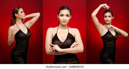 Half Body Portrait Of 20s Fashion Indian Woman Honey Skin Has Beautiful Black Hair Style. Asian Girl Express Strong Feeling, Fashion Poses Over Red Reddish Background Color Block