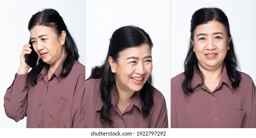 Half Body Portrait Of 60s 70s Elderly Asian Woman Black Hair Purple Shirt. Grandmother Express Feeling Smile Many Poses Over White Background Isolated