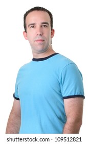 Half Body Shot Of An Average Guy Wearing A Blue Shirt, Isolated Against A White Background.