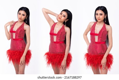 Half Body Of Young Asian 20s Beautiful Woman, Look At Camera, Wear Sparkling Sequin Evening Gown High Heels Shoes. Pageant Female Poses In Red Short Skirt Dress Over White Background Isolated