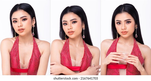 Half Body Of Young Asian 20s Beautiful Woman, Look At Camera, Wear Sparkling Sequin Evening Gown High Heels Shoes. Pageant Female Poses In Red Short Skirt Dress Over White Background Isolated