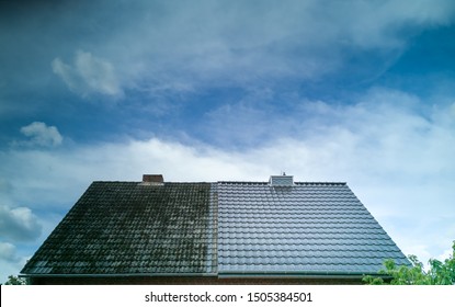 A Half Cleaned House Roof Shows The Before And After Effect Of A Roof Cleaning.