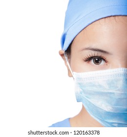 Half Close Up Portrait Of Serious Woman Nurse Or Doctor Face In Surgical Mask Isolated On White Background, Model Is A Asian Female