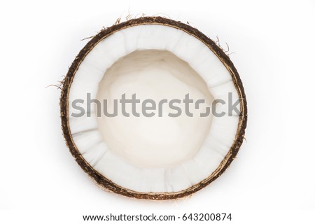 Half coconut top view isolated on white.