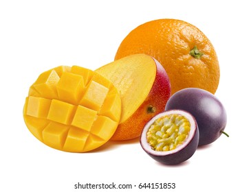 Half Cut Mango, Orange And Passion Fruit Isolated On White Background As Package Design Element