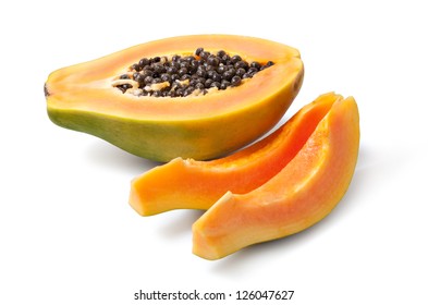 Half Cut Papaya Fruits On White Background