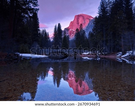 Half Dome reflection in the Merced river at sunset