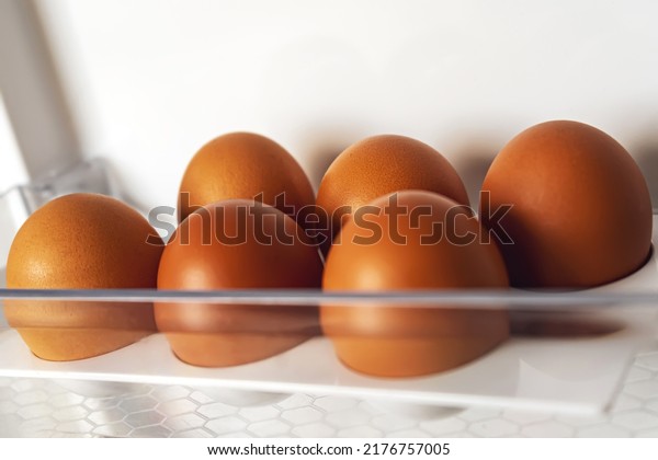 half dozen eggs in the\
refrigerator tray. 6 brown chicken eggs in an empty colloquially\
fridge