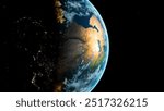 Half Earth isolated on Black starry Background .Nightly Earth planet in outer space. City lights on planet