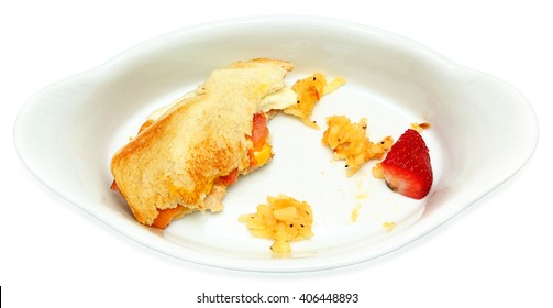 Half Eaten Egg Sandwich, Hashbrown, Strawberry In White Plate Isolated Over White. Top View.