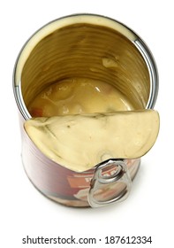 Half Empty Open Can Of Potato Dumpling Soup Isolated High Angle View