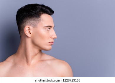 Half Face Close Up Portrait Of Good-looking Confident Man Turn Head Aside Stand Isolated On Gray Wall