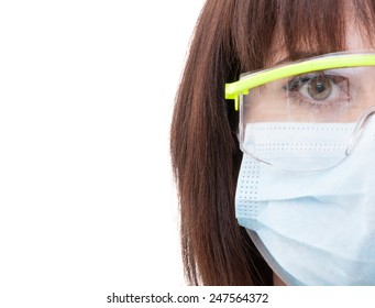 Half Face Of A Dentist Woman Wearing Protection Glasses With Copy Space On The Left