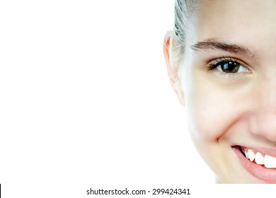 Half face of smiling beautiful young woman with blonde hair - Powered by Shutterstock