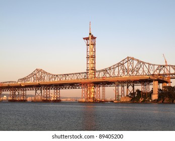 Half Finished New Bay Bridge Tower At Dusk Near San Francisco, California