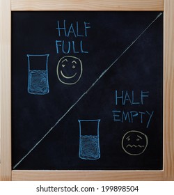 Half Full And Half Empty Concept With Smileys Drawn On Blackboard.